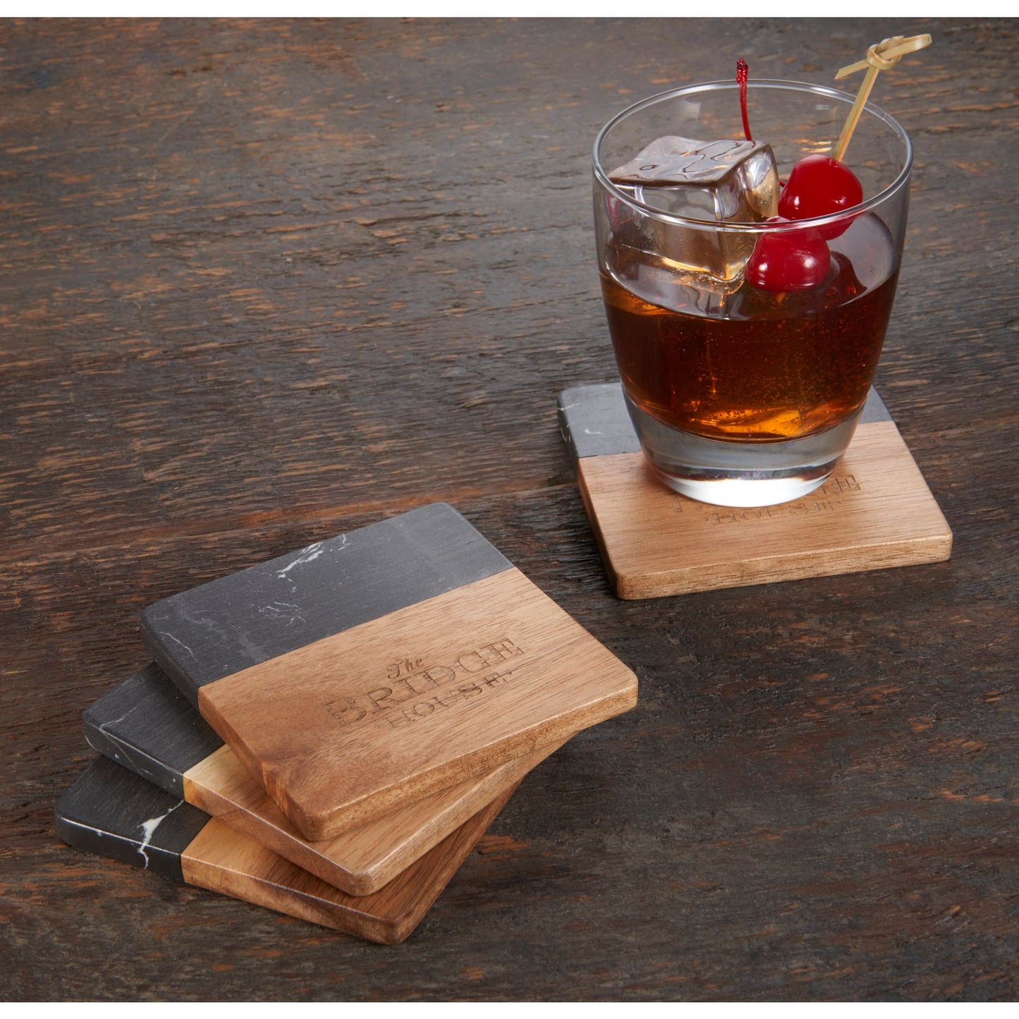 Black Marble and Wood Coaster Set