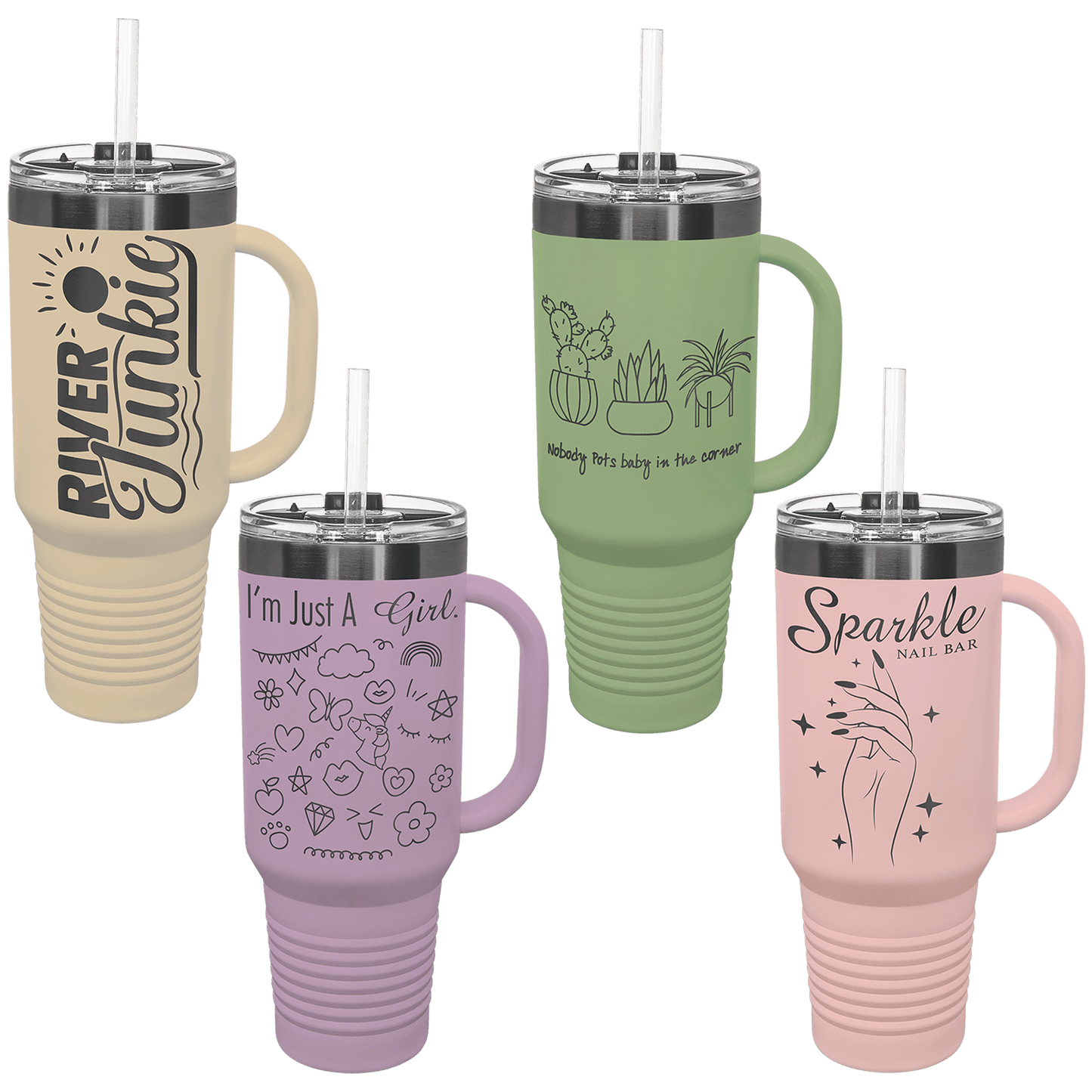 Polar Camel® 40 oz. Pastel Ghost Black ION-Plated Travel Mug with Handle & Straw