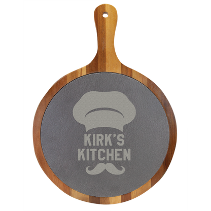 Round Acacia Wood/Slate Serving Board with Handle